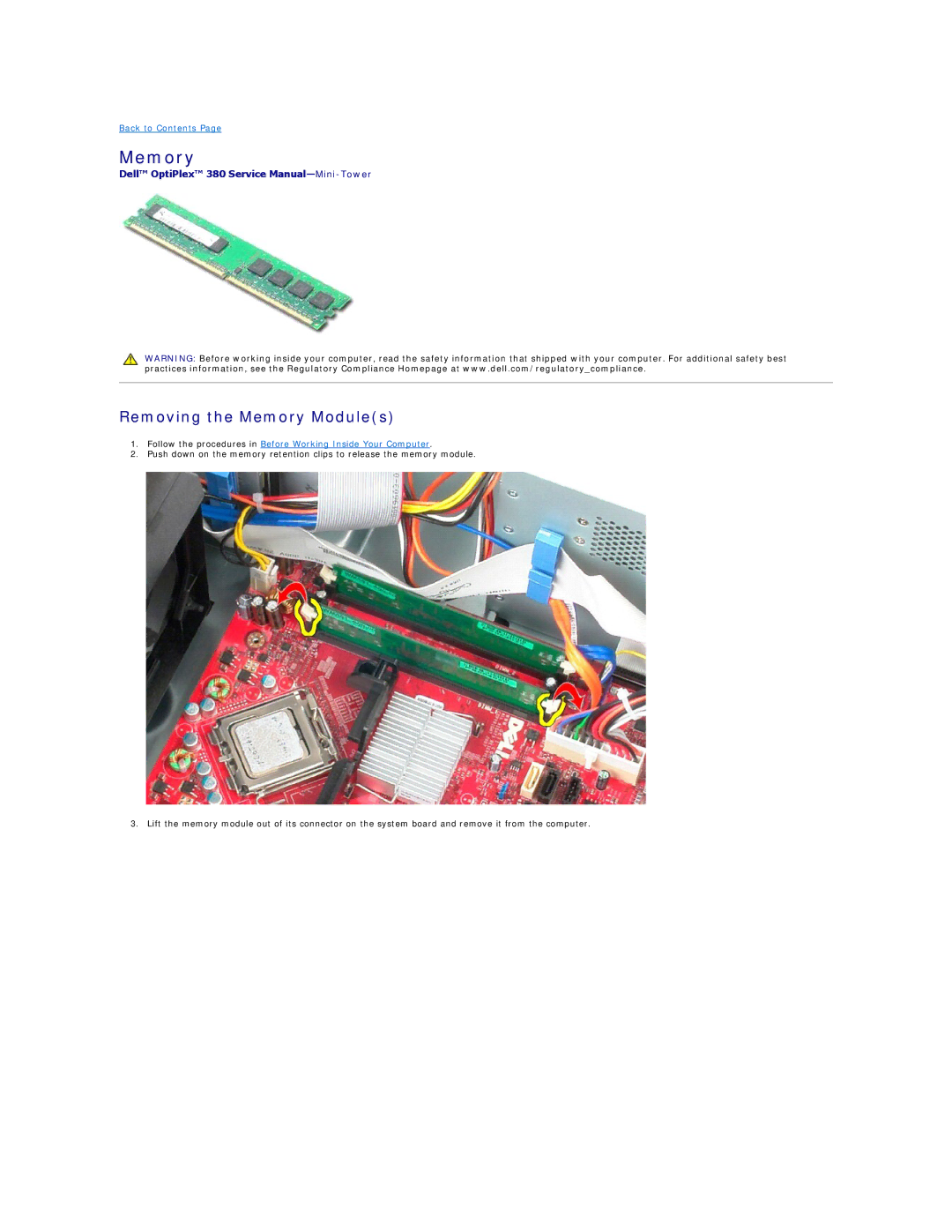 Dell 380 specifications Removing the Memory Modules 