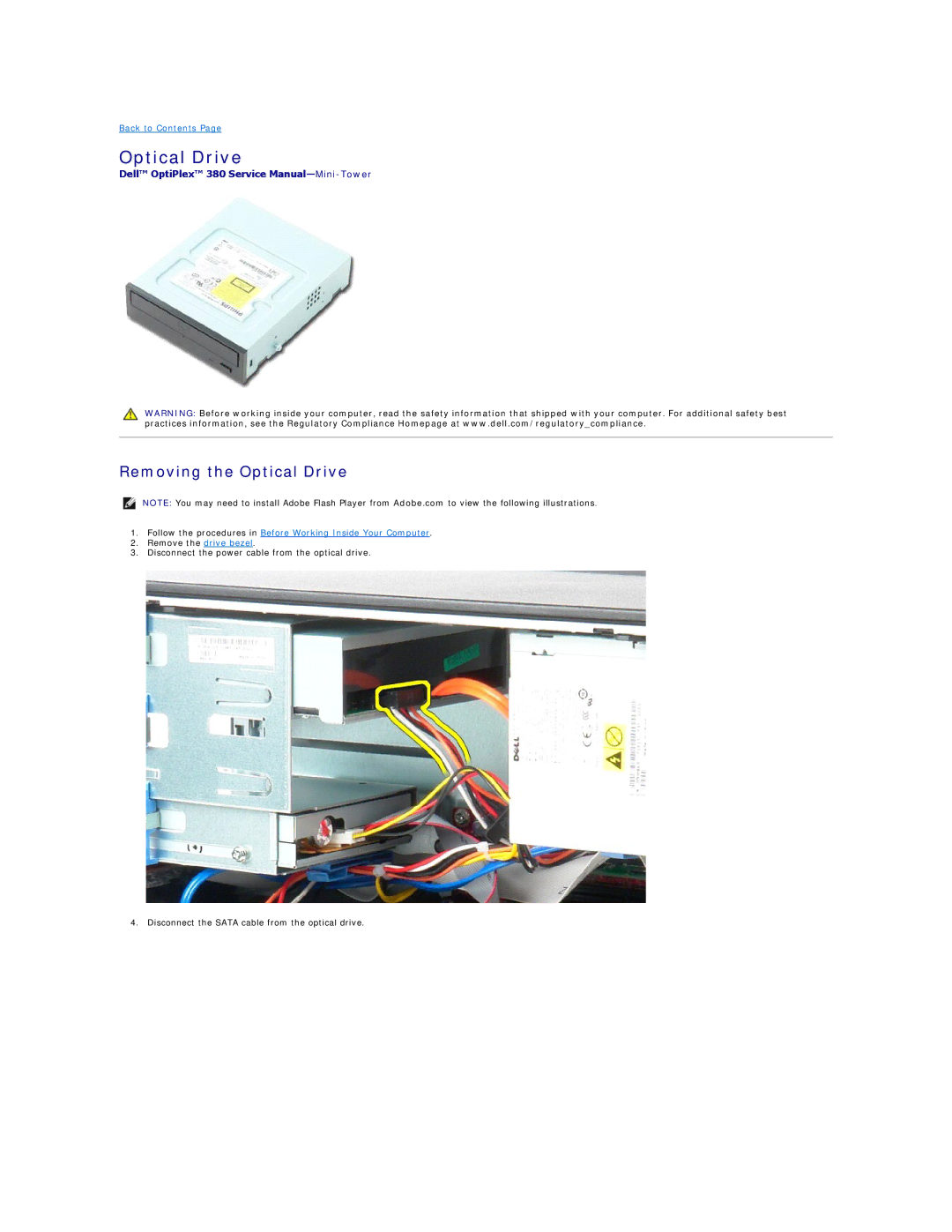 Dell 380 specifications Removing the Optical Drive 