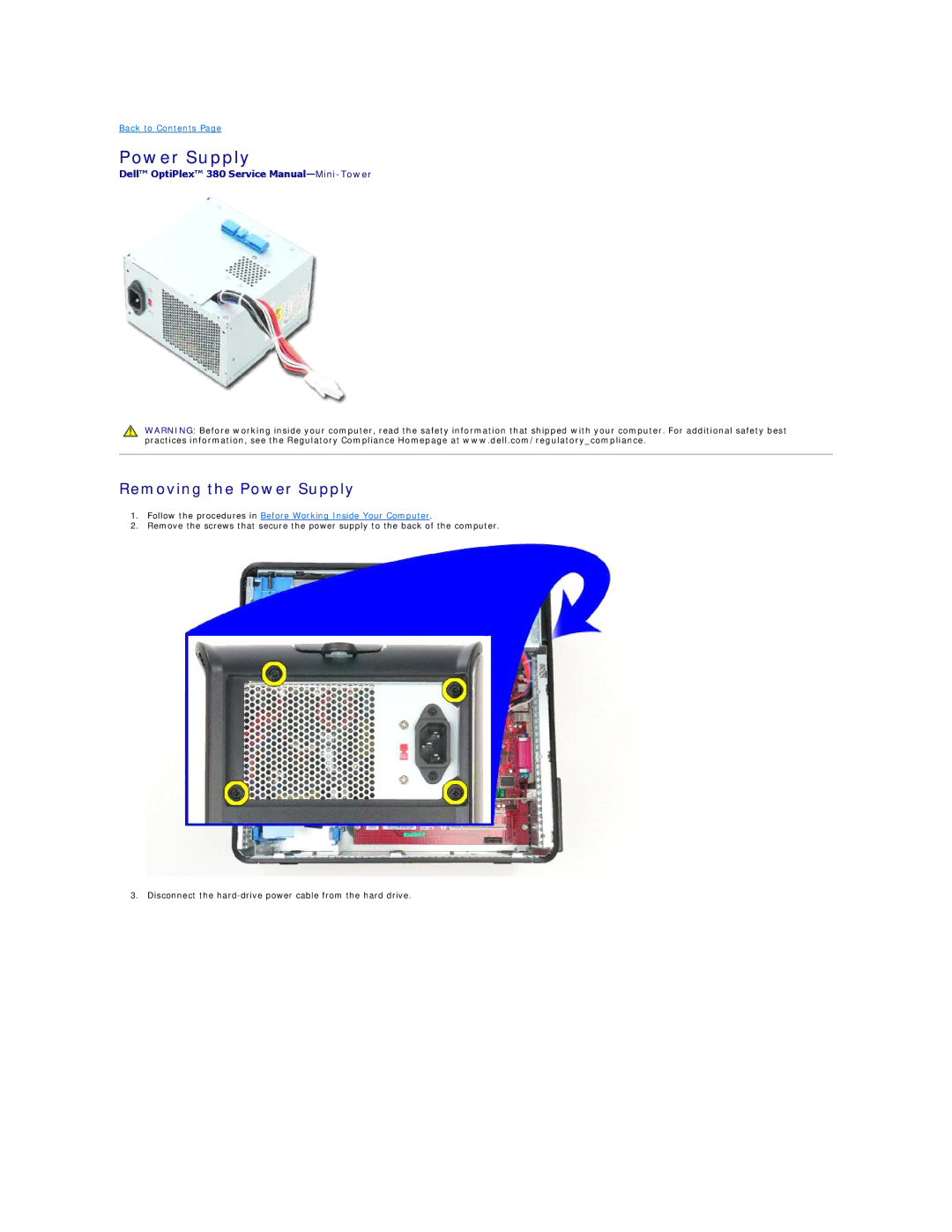 Dell 380 specifications Removing the Power Supply 