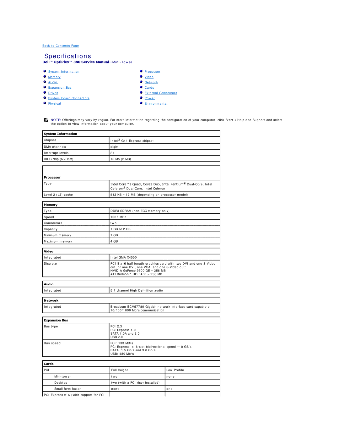 Dell 380 specifications Specifications 