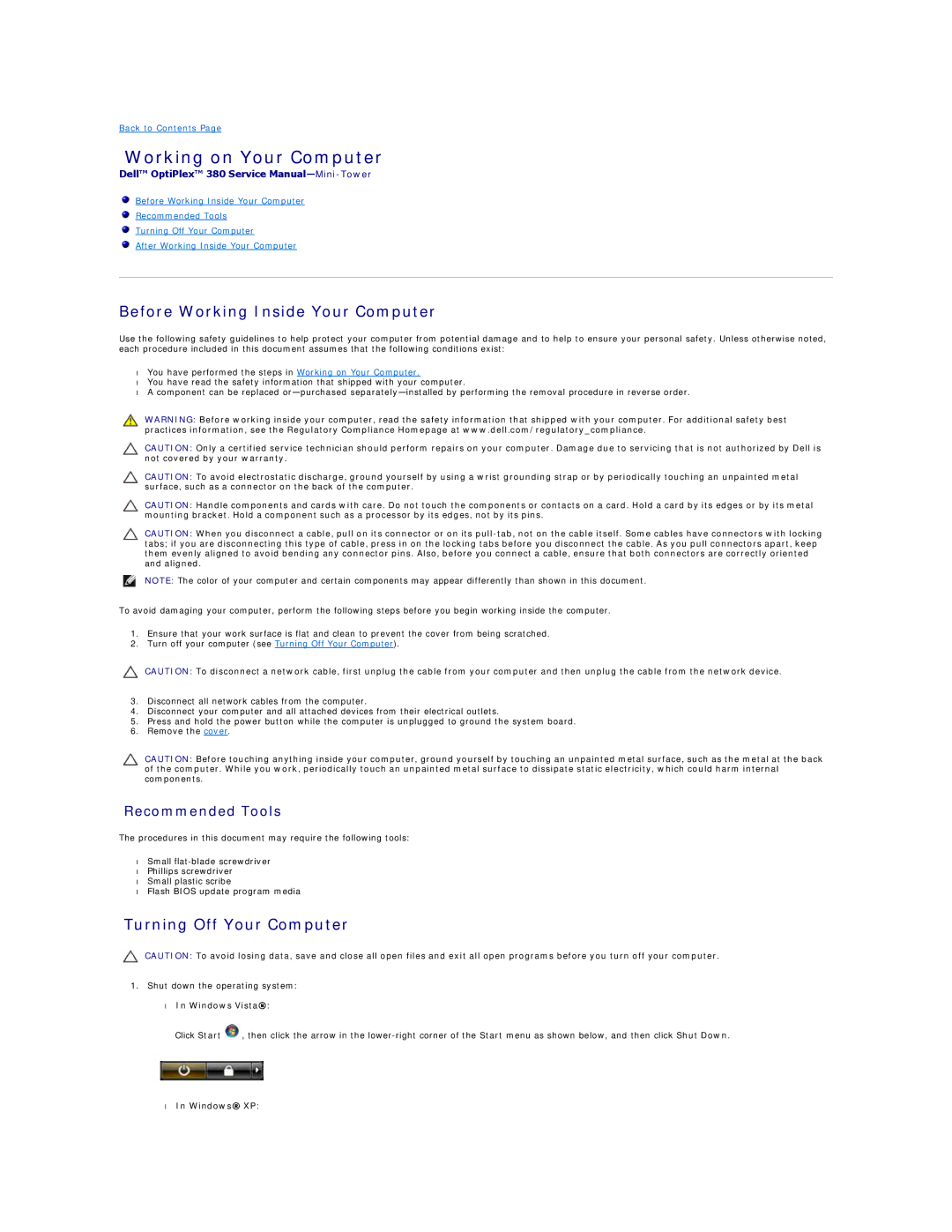Dell 380 Working on Your Computer, Before Working Inside Your Computer, Turning Off Your Computer, Windows XP 