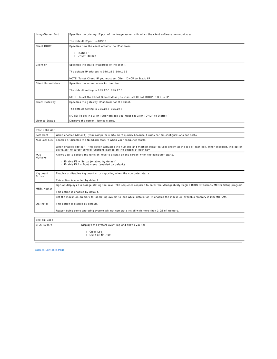 Dell 380 specifications Post Behavior, Enable F12 = Boot menu enabled by default, System Logs, Clear Log, Mark all Entries 