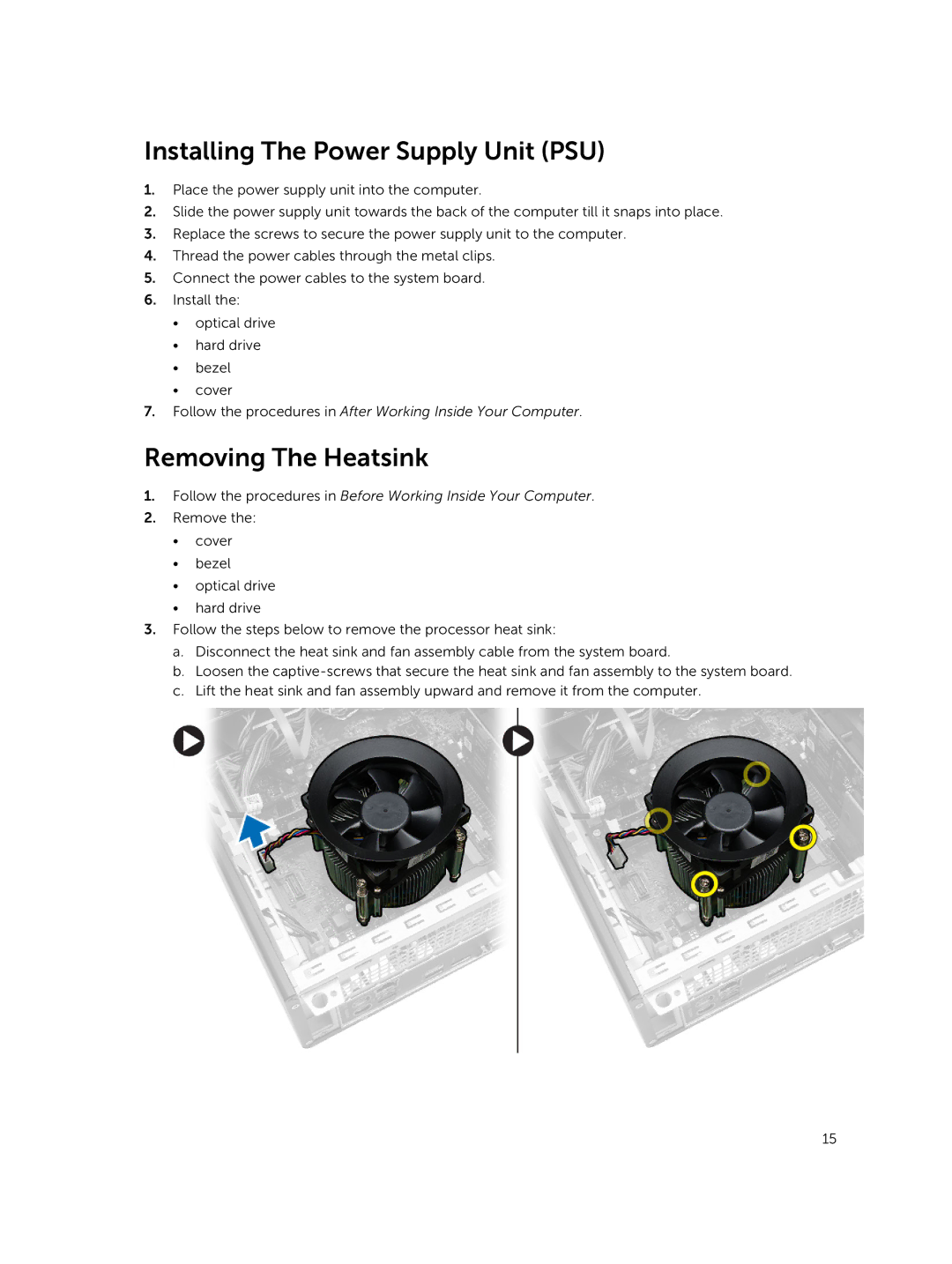 Dell 3800 owner manual Installing The Power Supply Unit PSU, Removing The Heatsink 