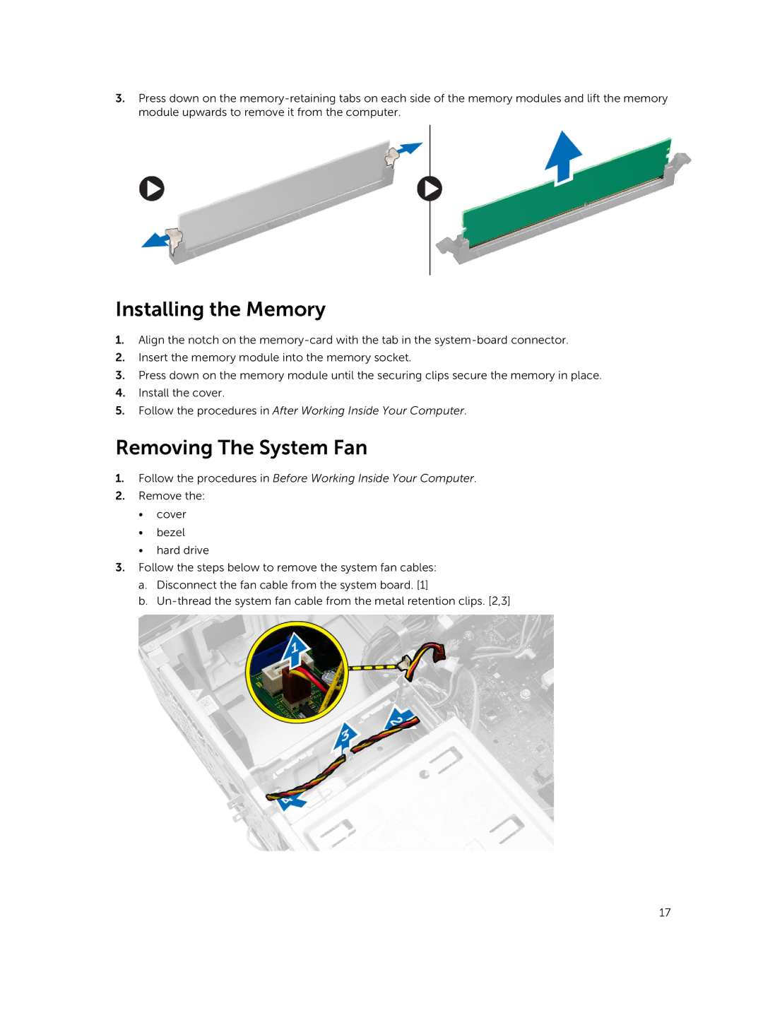 Dell 3800 owner manual Installing the Memory, Removing The System Fan 