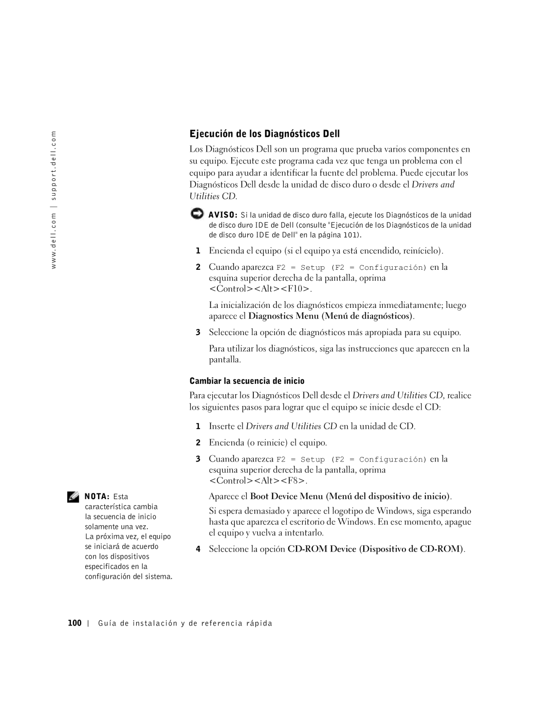 Dell 38WYD manual Ejecución de los Diagnósticos Dell, Utilities CD, Cambiar la secuencia de inicio 