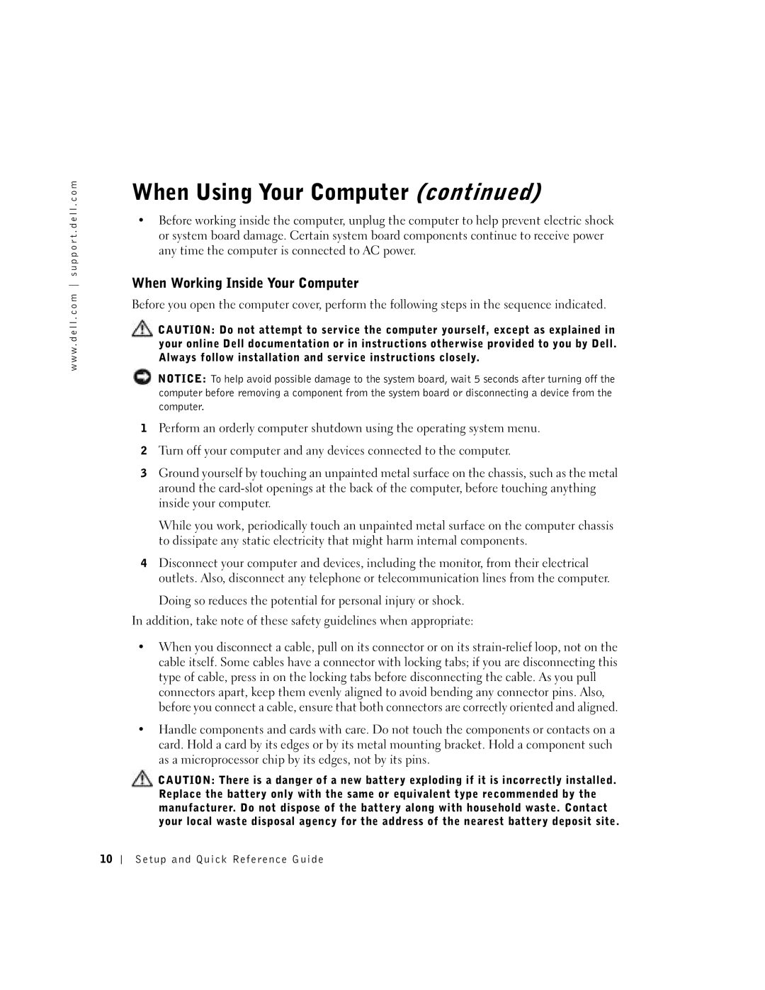 Dell 38WYD manual When Working Inside Your Computer 