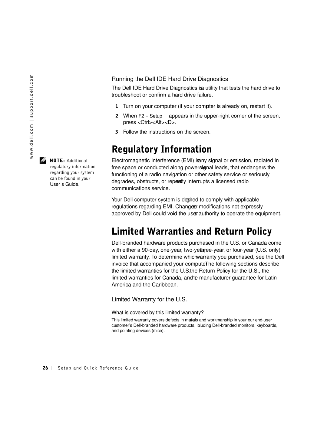 Dell 38WYD manual Regulatory Information, Limited Warranties and Return Policy, Running the Dell IDE Hard Drive Diagnostics 