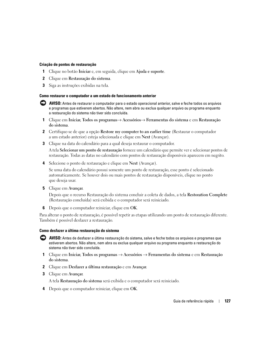 Dell GH458, 390 manual Criação de pontos de restauração, Como desfazer a última restauração do sistema, 127 