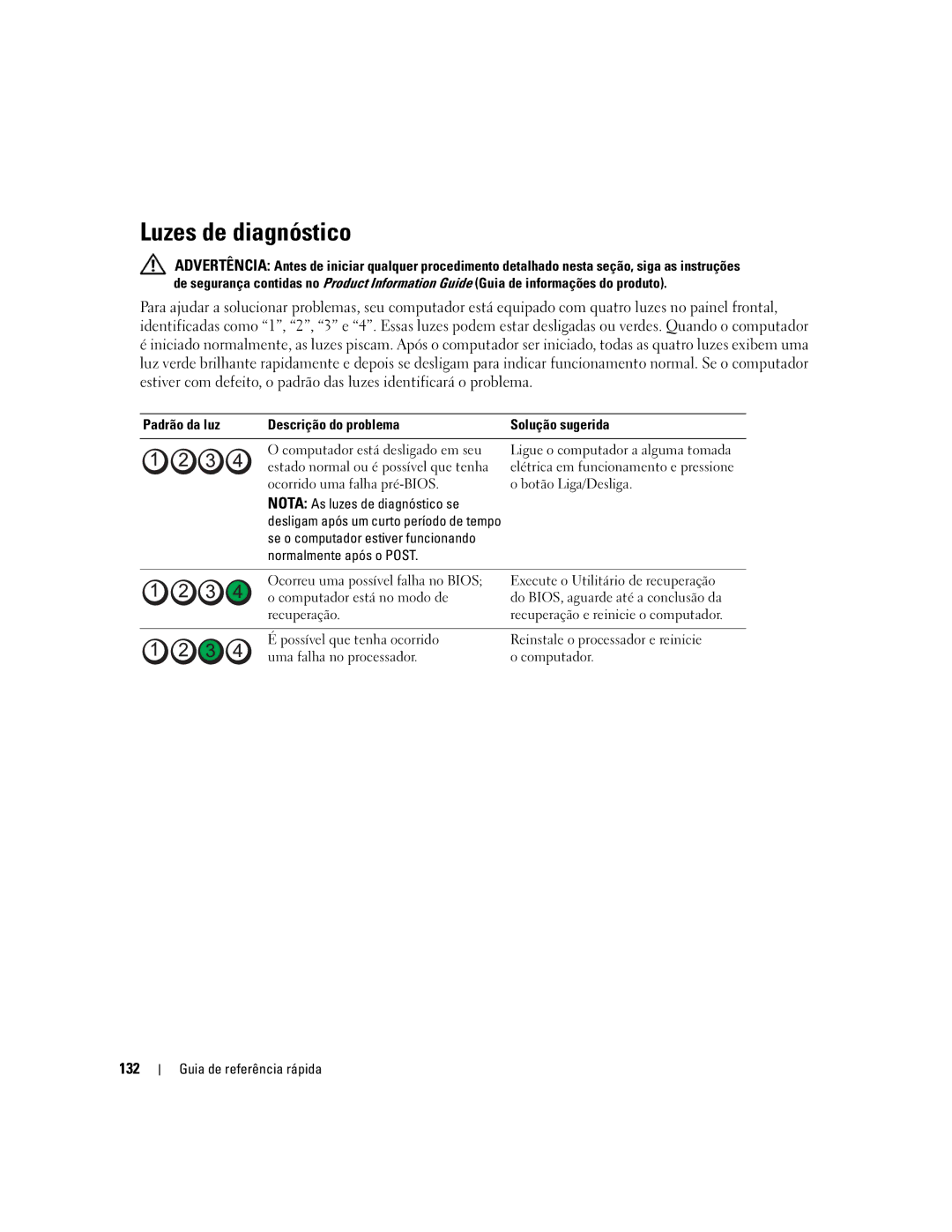 Dell 390 Luzes de diagnóstico, 132, Padrão da luz Descrição do problema Solução sugerida, Nota As luzes de diagnóstico se 