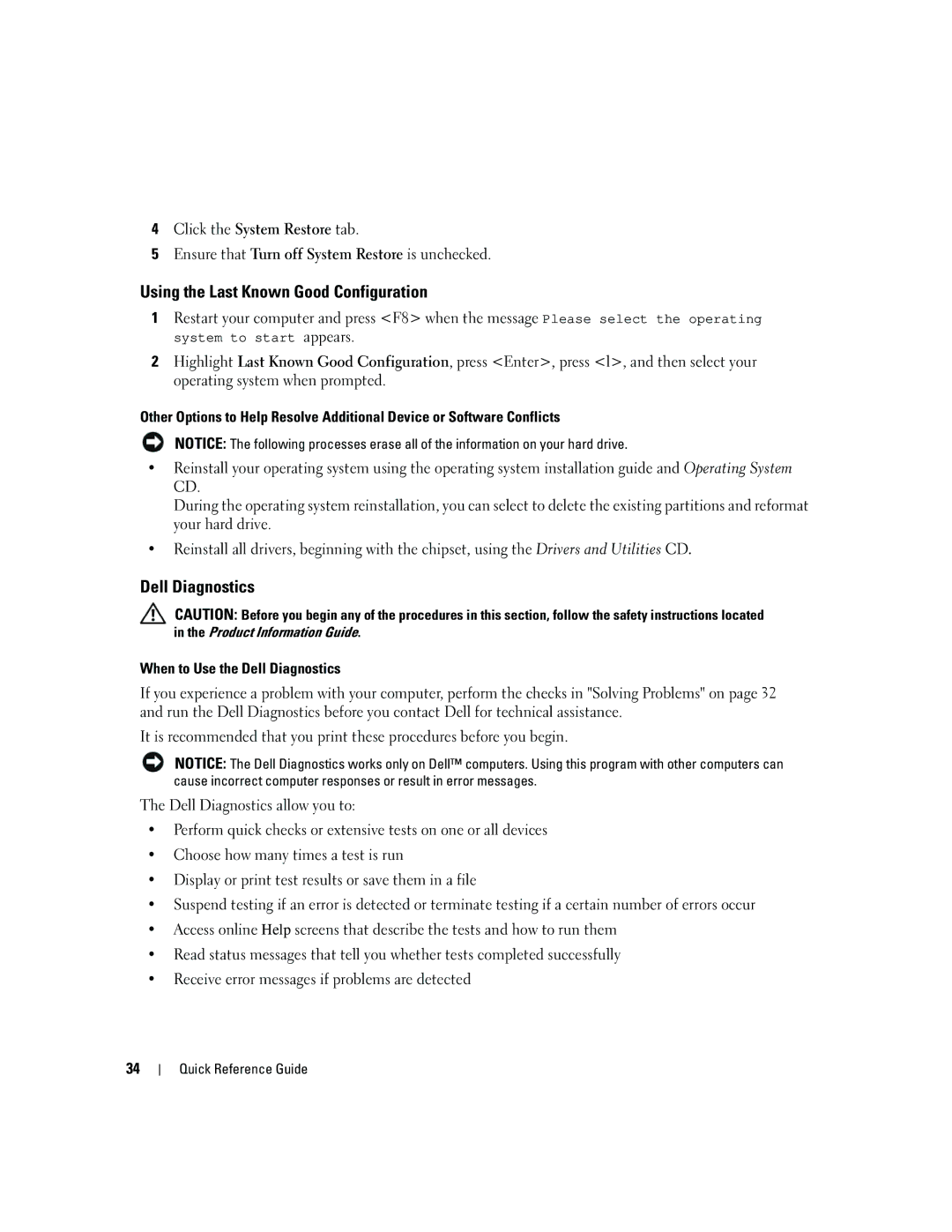 Dell 390, GH458 manual Using the Last Known Good Configuration, When to Use the Dell Diagnostics 