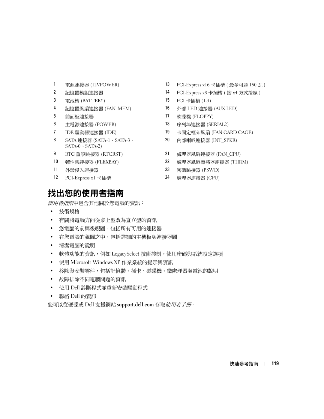 Dell 390 manual 找出您的使用者指南, 使用 Microsoft Windows XP 作業系統的提示與資訊, 119 