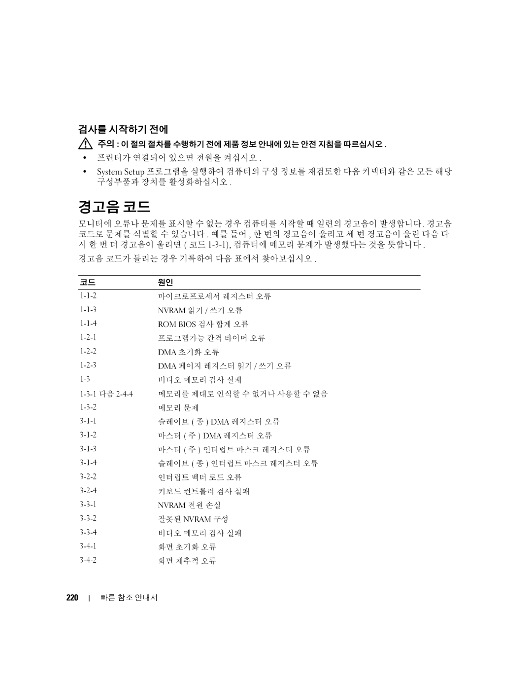 Dell 390 manual 경고음 코드, 검사를 시작하기 전에, 220 