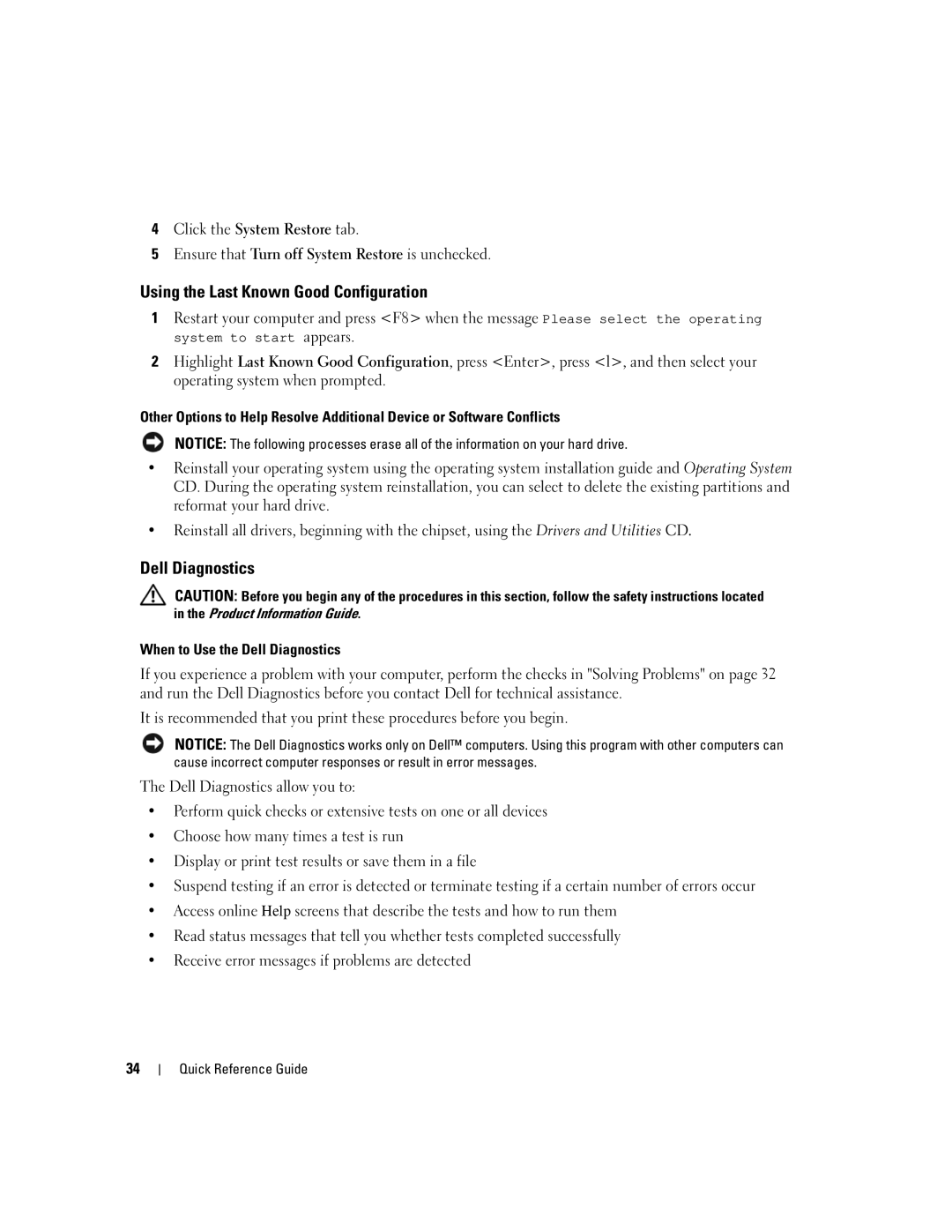 Dell 390 manual Using the Last Known Good Configuration, When to Use the Dell Diagnostics 