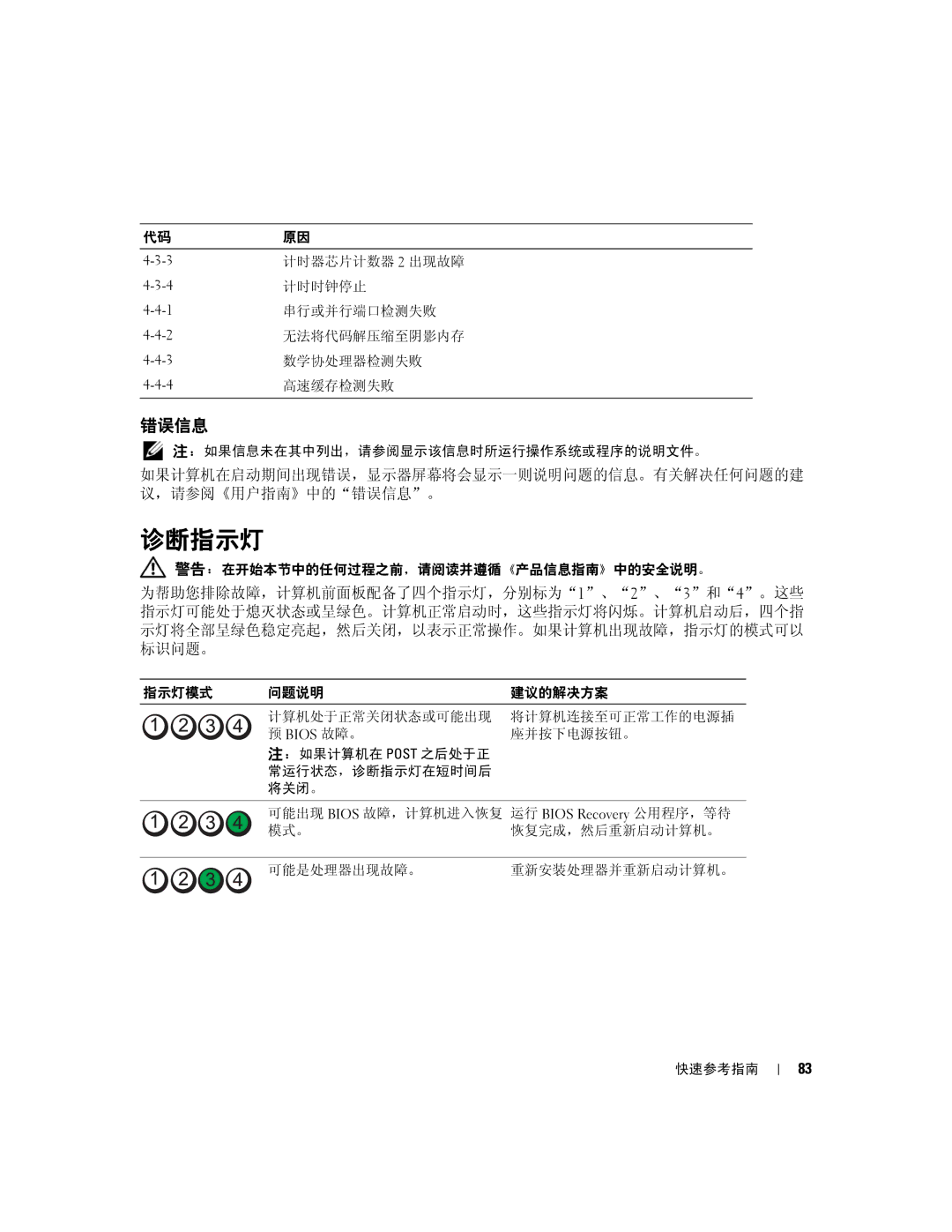 Dell 390 manual 诊断指示灯, 错误信息 