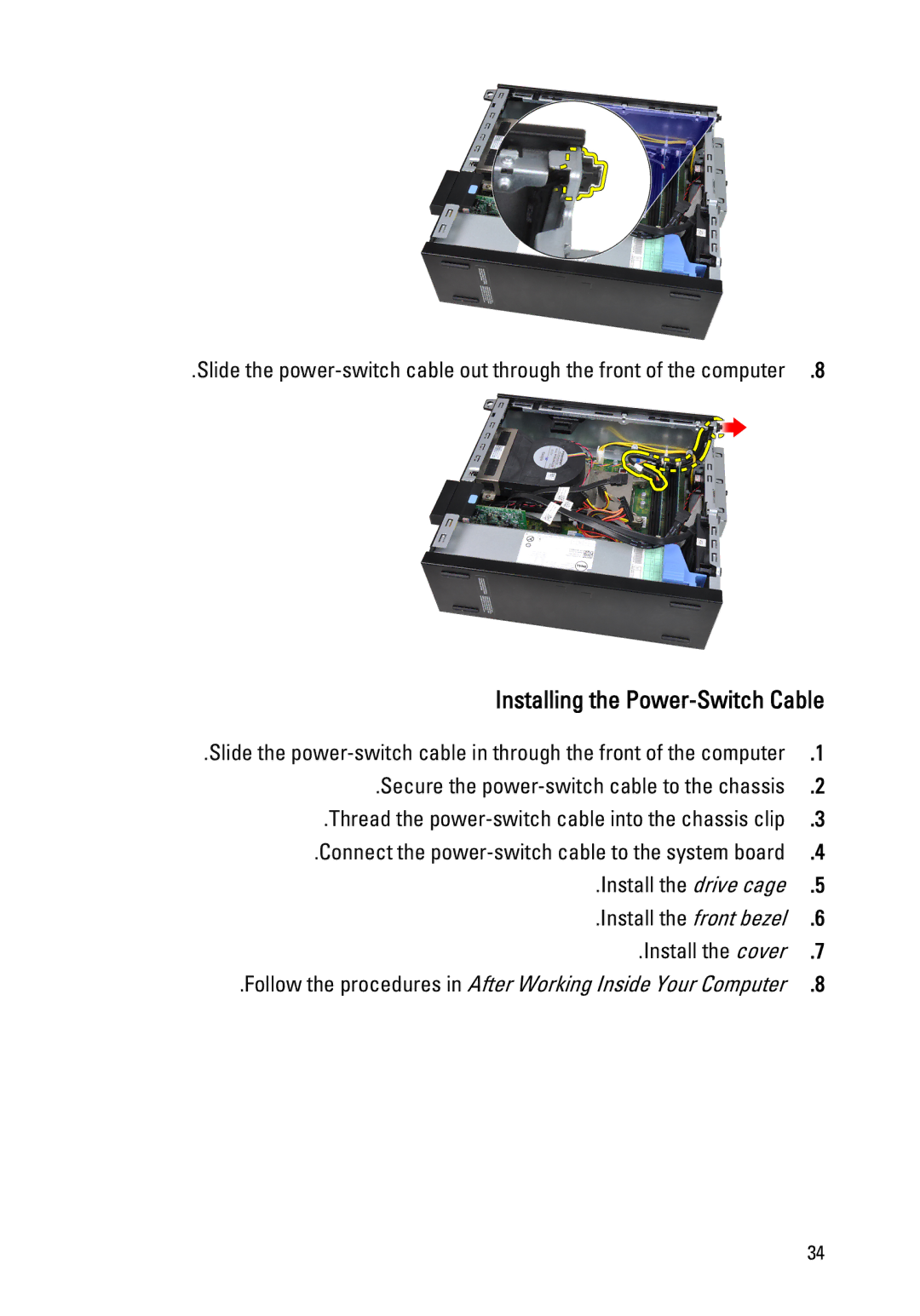 Dell 390 owner manual Installing the Power-Switch Cable 