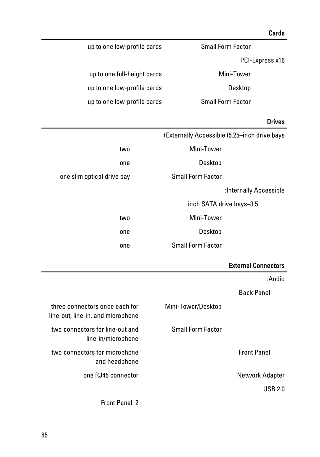 Dell 390 owner manual Drives, External Connectors 