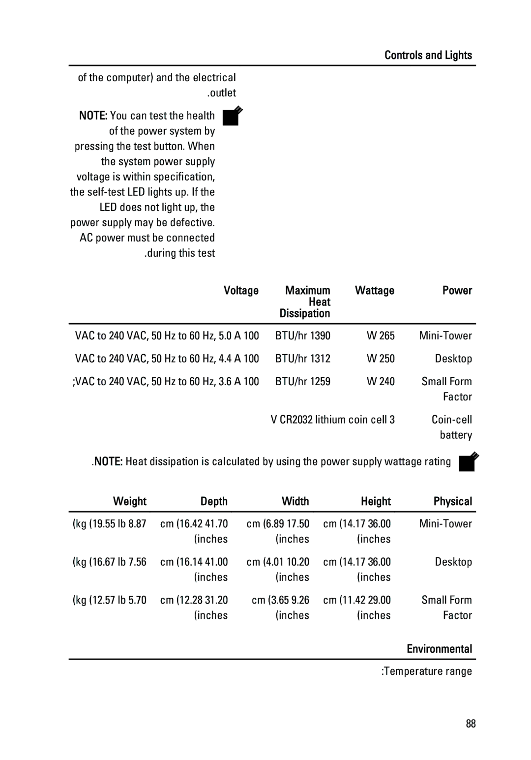 Dell 390 owner manual Voltage Maximum, Power Heat Dissipation, Weight Depth Width Height Physical, Environmental 