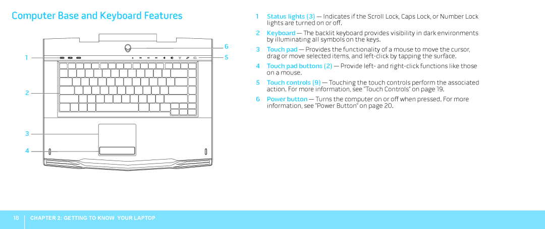 Dell M15x, P08G001, 039YVGA00 manual Computer Base and Keyboard Features 