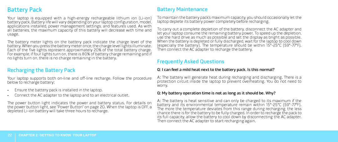 Dell P08G001, M15x, 039YVGA00 manual Recharging the Battery Pack, Battery Maintenance, Frequently Asked Questions 