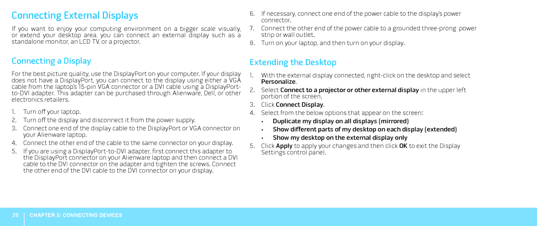 Dell P08G001, M15x, 039YVGA00 manual Connecting External Displays, Connecting a Display, Extending the Desktop 