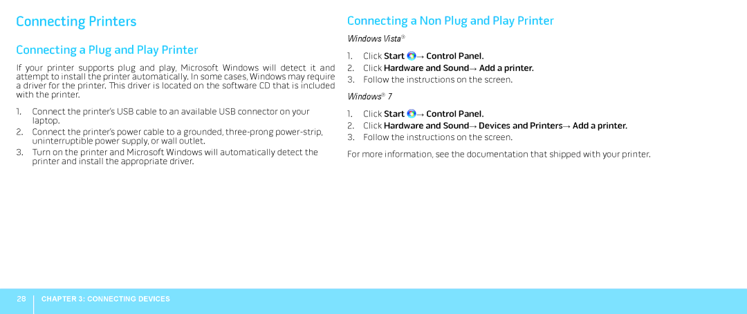 Dell M15x, 39YVG, P08G manual Connecting Printers, Connecting a Plug and Play Printer, Connecting a Non Plug and Play Printer 