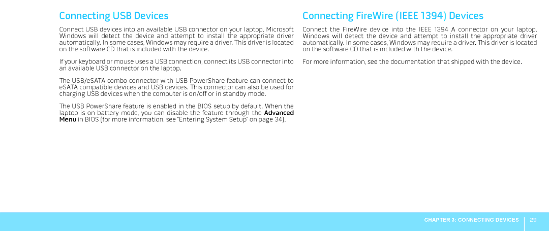 Dell 039YVGA00, P08G001, M15x manual Connecting USB Devices, Connecting FireWire Ieee 1394 Devices 