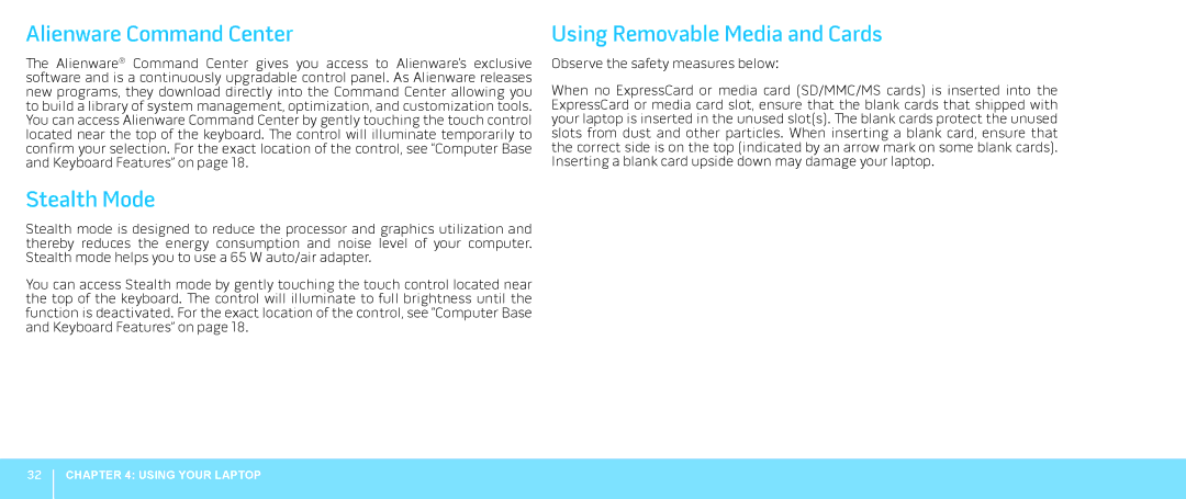 Dell P08G001, M15x, 039YVGA00 manual Alienware Command Center, Stealth Mode, Using Removable Media and Cards 