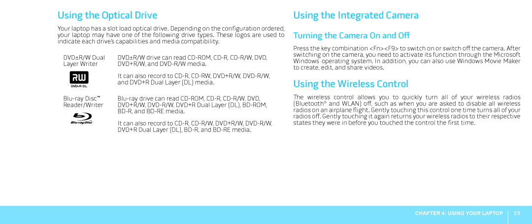 Dell M15x Using the Optical Drive, Using the Integrated Camera, Using the Wireless Control, Turning the Camera On and Off 