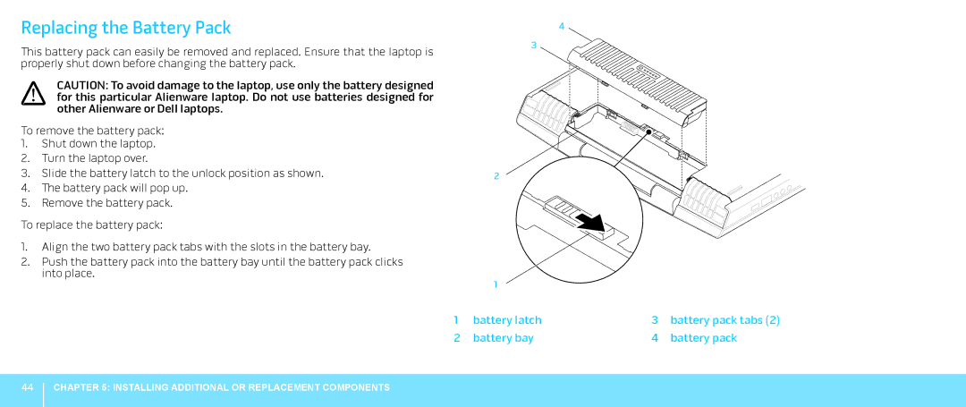 Dell 039YVGA00, P08G001, M15x manual Replacing the Battery Pack 