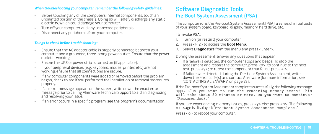 Dell P08G001, M15x, 039YVGA00 manual Software Diagnostic Tools, Pre-Boot System Assessment PSA 