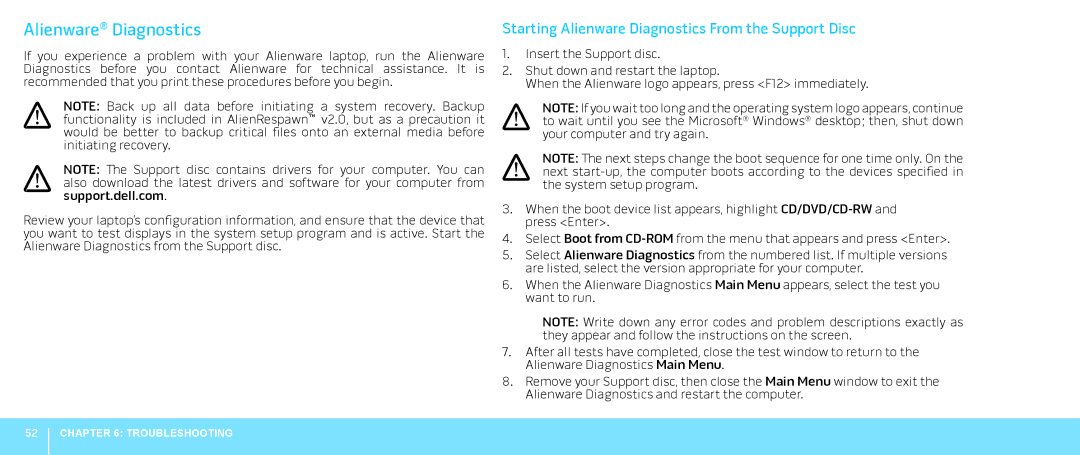 Dell P08G001, M15x, 039YVGA00 manual Starting Alienware Diagnostics From the Support Disc 