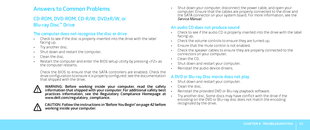 Dell M15x, P08G001, 039YVGA00 Answers to Common Problems, CD-ROM, DVD-ROM, CD-R/W, DVD±R/W, or Blu-ray Disc Drive 