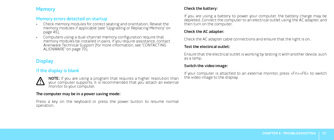 Dell P08G001, M15x, 039YVGA00 manual Display, Memory errors detected on startup, If the display is blank 