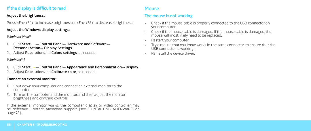 Dell M15x, P08G001, 039YVGA00 manual If the display is difficult to read, Mouse is not working 