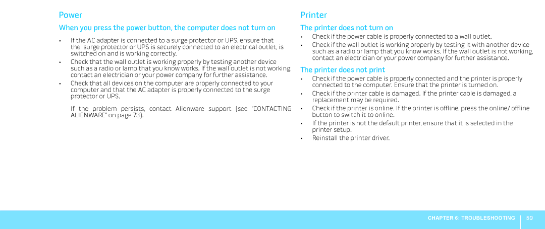 Dell 039YVGA00, P08G001, M15x manual Power, Printer does not turn on, Printer does not print 