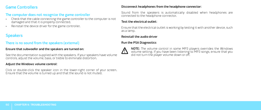 Dell P08G001, M15x, 039YVGA00 manual Game Controllers, Speakers, Computer does not recognize the game controller 