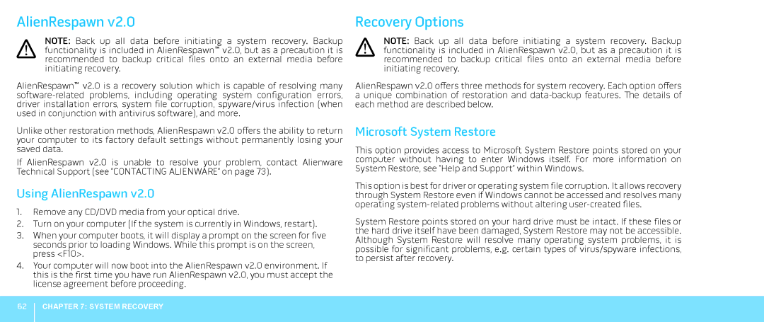 Dell P08G001, M15x, 039YVGA00 manual Using AlienRespawn, Microsoft System Restore 