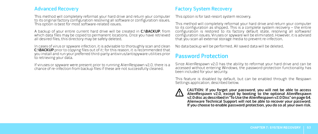 Dell M15x, P08G001, 039YVGA00 manual Password Protection, Advanced Recovery, Factory System Recovery 