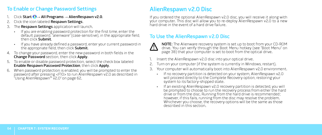 Dell 039YVGA00, P08G001, M15x manual To Enable or Change Password Settings, To Use the AlienRespawn v2.0 Disc 