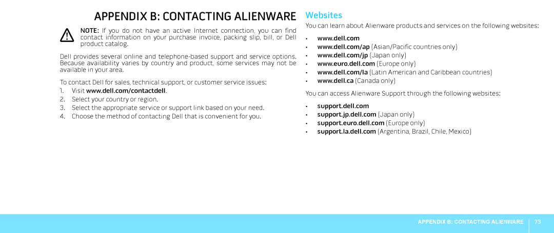 Dell M15x, P08G001, 039YVGA00 manual Appendix B Contacting Alienware, Websites 