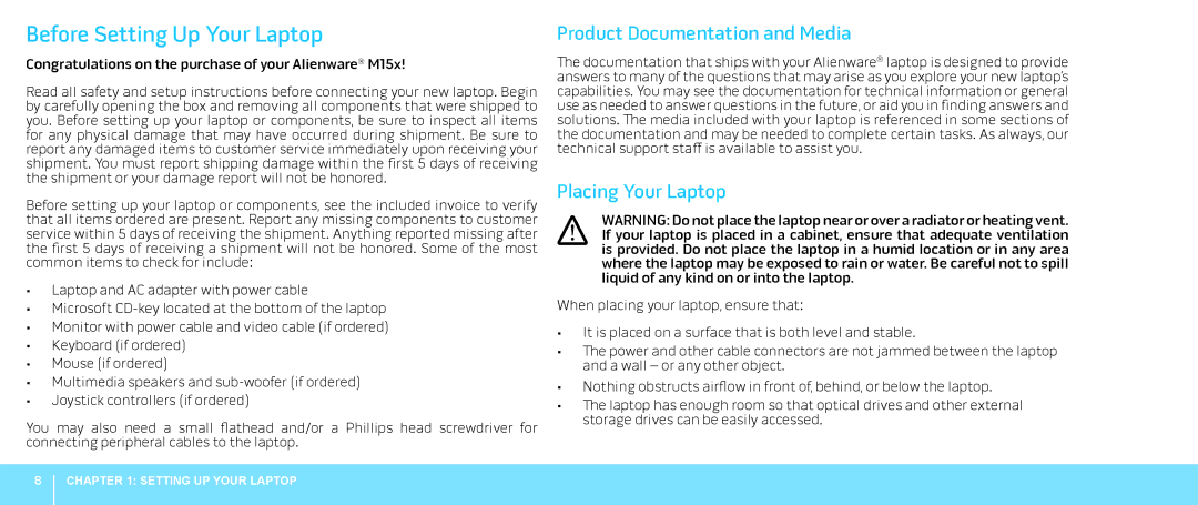 Dell M15x, P08G001, 039YVGA00 Before Setting Up Your Laptop, Product Documentation and Media, Placing Your Laptop 