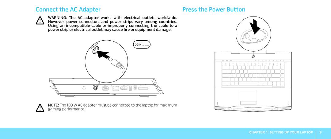 Dell 039YVGA00, P08G001, M15x manual Connect the AC Adapter 