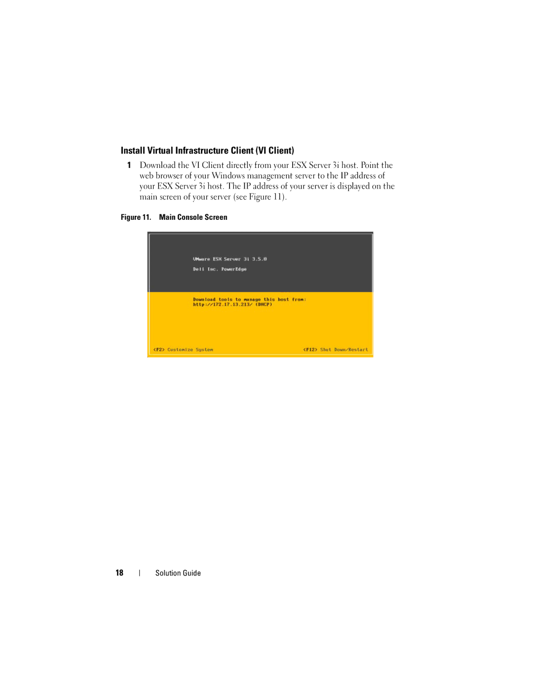 Dell 3i manual Install Virtual Infrastructure Client VI Client, Main Console Screen Solution Guide 