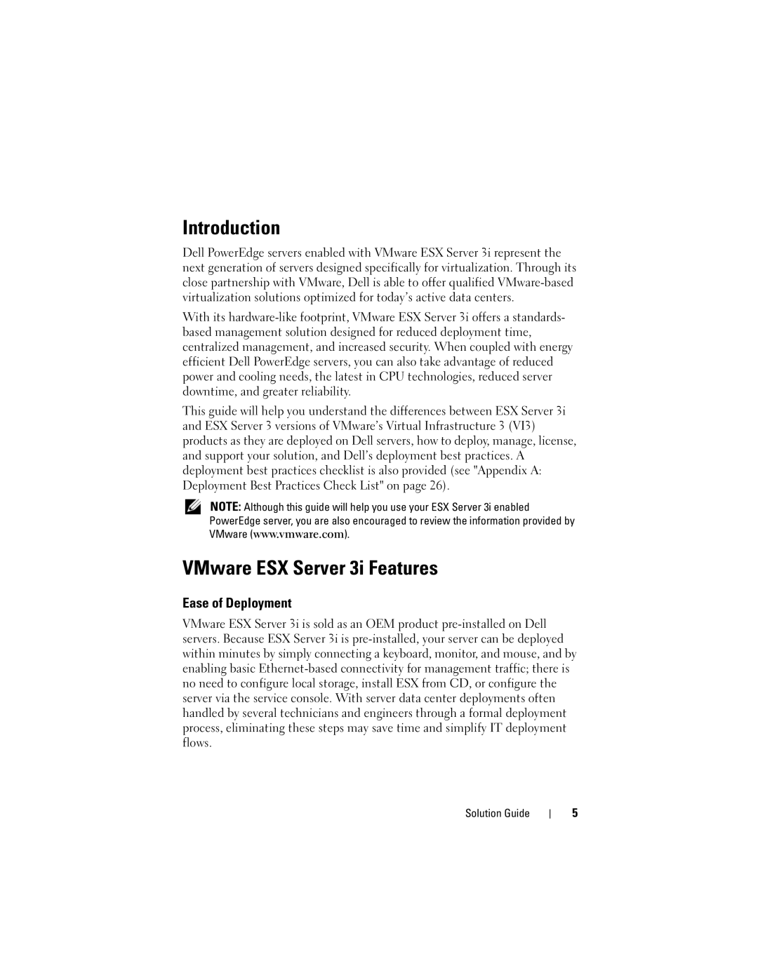 Dell manual Introduction, VMware ESX Server 3i Features, Ease of Deployment 