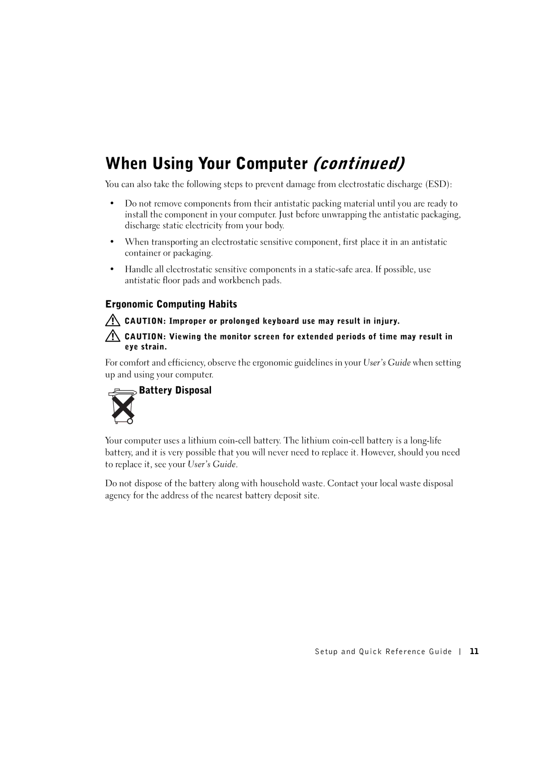 Dell 3U083 manual Ergonomic Computing Habits, Battery Disposal 