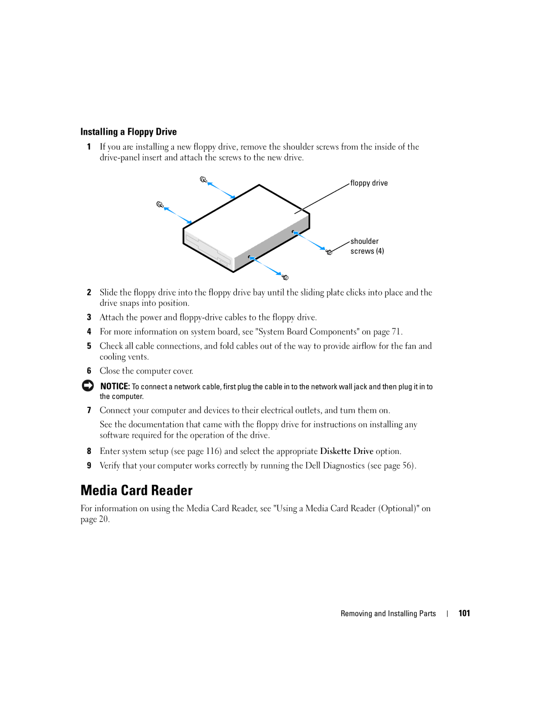 Dell 400 owner manual Media Card Reader, Installing a Floppy Drive, 101 