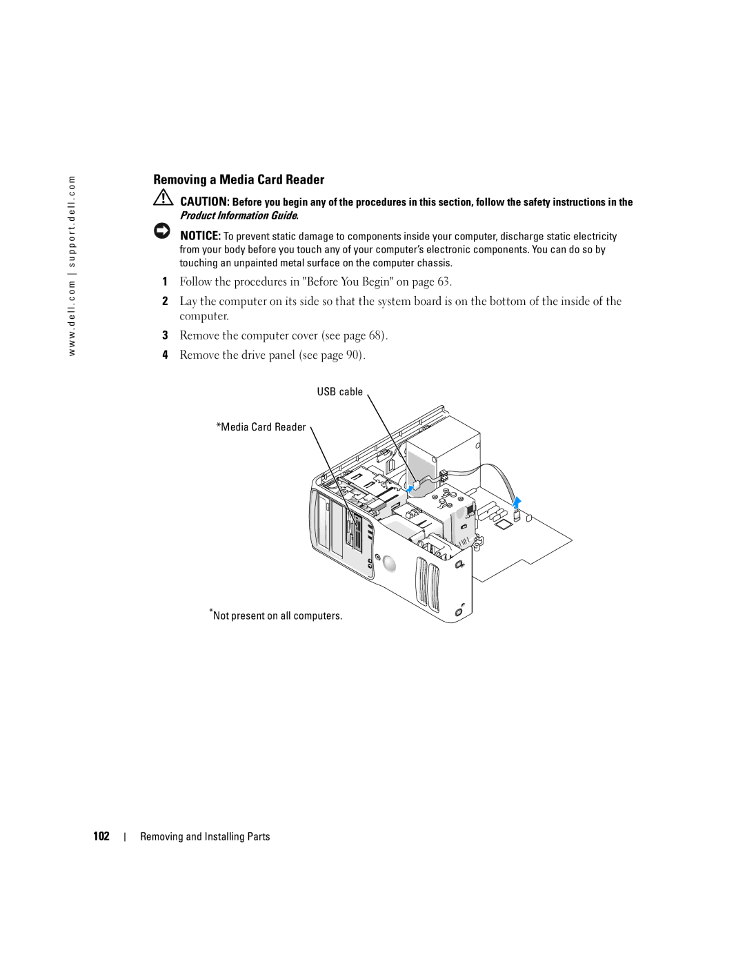 Dell 400 owner manual Removing a Media Card Reader, 102, USB cable Media Card Reader Not present on all computers 