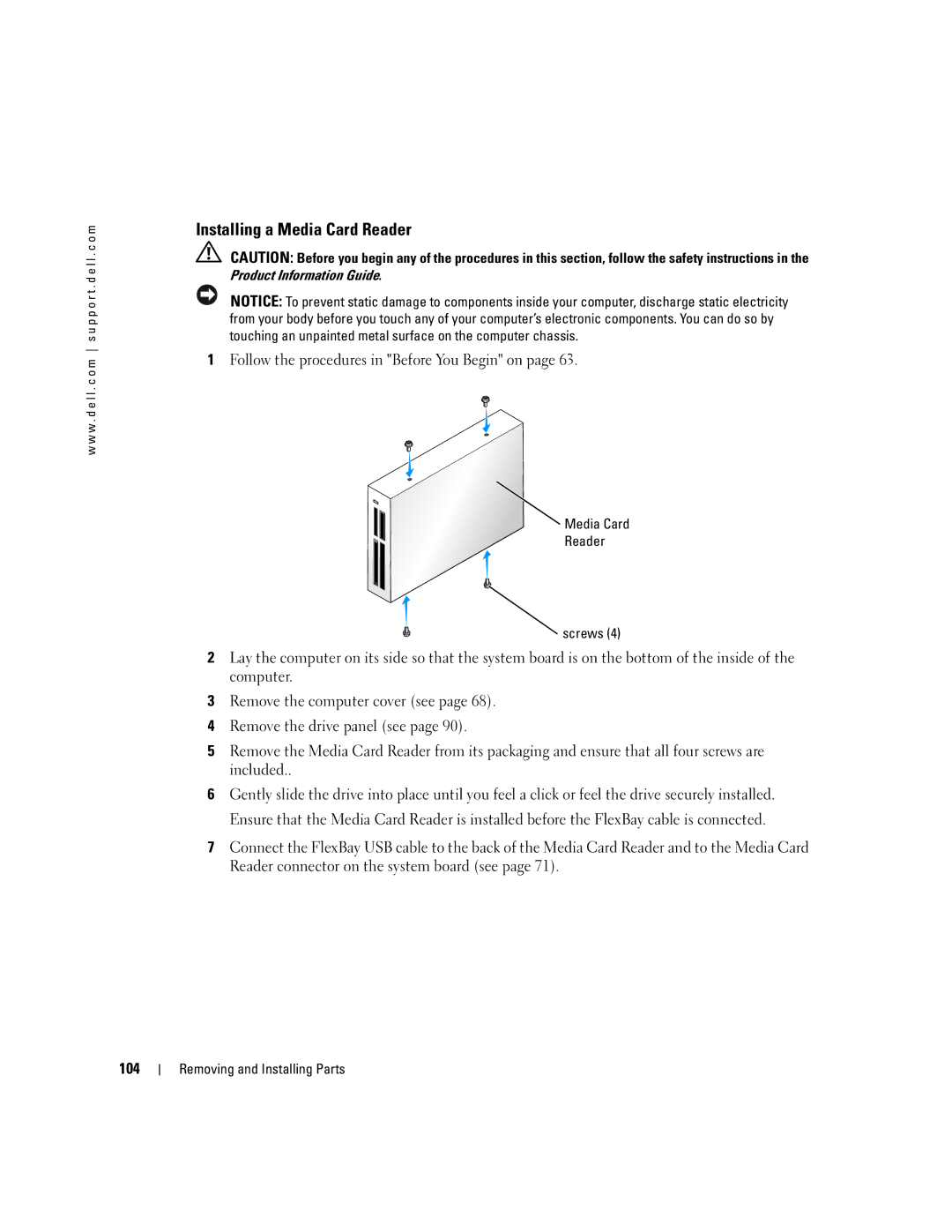 Dell 400 owner manual Installing a Media Card Reader, 104, Media Card Reader Screws 