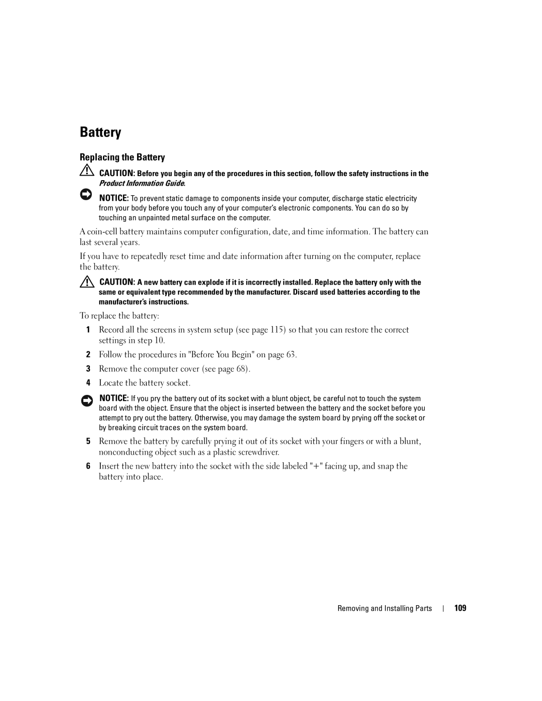 Dell 400 owner manual Replacing the Battery, 109 