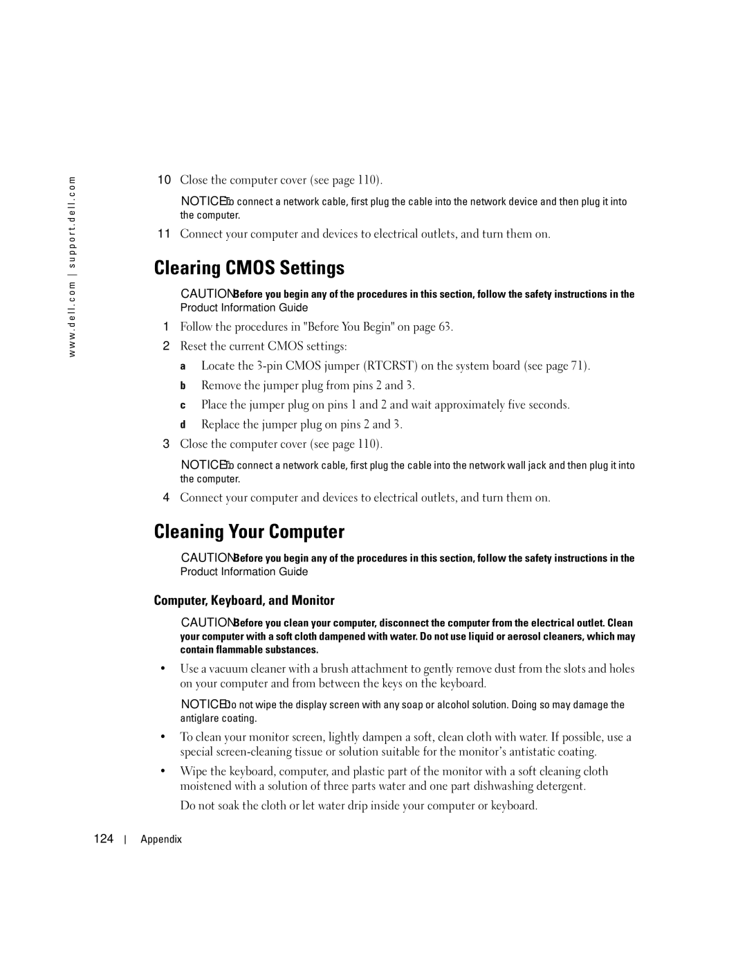 Dell 400 owner manual Clearing Cmos Settings, Cleaning Your Computer, Computer, Keyboard, and Monitor, 124 